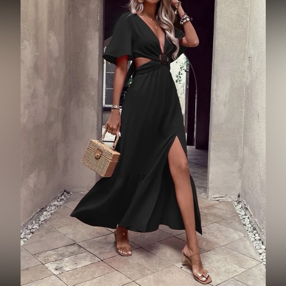 Boho cutout slit thigh batwing sleeve tie back maxi dress - Picture 7 of 16
